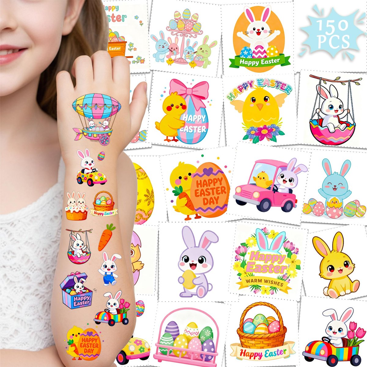GgXanthyll Oster-Tattoos zum Aufkleben, 150 Stück, temporäre Tattoos für Kinder und Erwachsene, wasserfest, Ostergeschenke, Partygeschenke