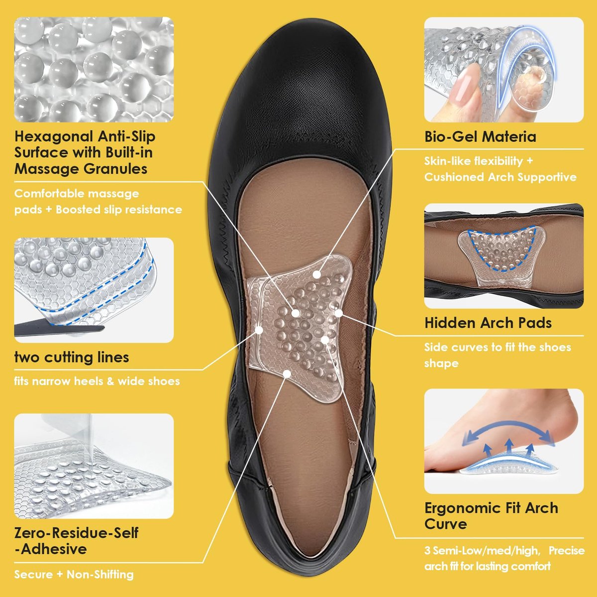 Dr. Archrevive Fußgewölbe-Stützeinlagen für Damen, verstellbares 3-Stufen-System gegen Plantarfasziitis, rutschfestes unsichtbares Bio-Gel, Schmetterlingskontur für High Heels, Ballerinas & Sandalen (2 Paar, hohes Fußgewölbe)