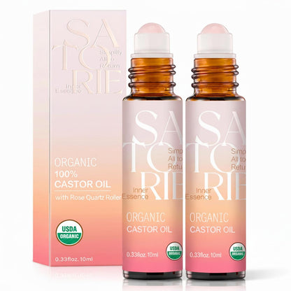 SATORIE 2er-Pack Bio-Rizinusöl mit Rosenquarz-Rollerball – USDA-zertifiziertes 100% Rizinusöl Roll-on für Gesicht, Augenpartie, Augenbrauen & Wimpern; intensive Feuchtigkeit, beruhigend, fördert Haarwachstum