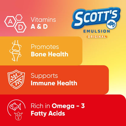 SCOTT'S EMULSION Lebertran flüssig für Kinder | Omega-3-Fischöl mit den Vitaminen A, D & E | Orangen-Geschmack | Familienwohlbefinden & Immununterstützung | 6,5 Fl Oz | 1er-Pack