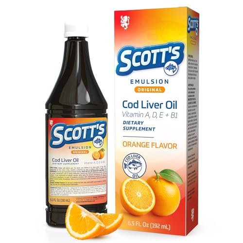 SCOTT'S EMULSION Lebertran flüssig für Kinder | Omega-3-Fischöl mit den Vitaminen A, D & E | Orangen-Geschmack | Familienwohlbefinden & Immununterstützung | 6,5 Fl Oz | 1er-Pack