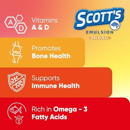 SCOTT'S EMULSION Lebertran flüssig für Kinder | Omega-3-Fischöl mit den Vitaminen A, D & E | Orangen-Geschmack | Familienwohlbefinden & Immununterstützung | 6,5 Fl Oz | 1er-Pack
