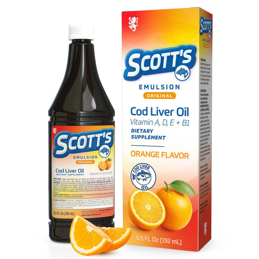 SCOTT'S EMULSION Lebertran flüssig für Kinder | Omega-3-Fischöl mit den Vitaminen A, D & E | Orangen-Geschmack | Familienwohlbefinden & Immununterstützung | 6,5 Fl Oz | 1er-Pack