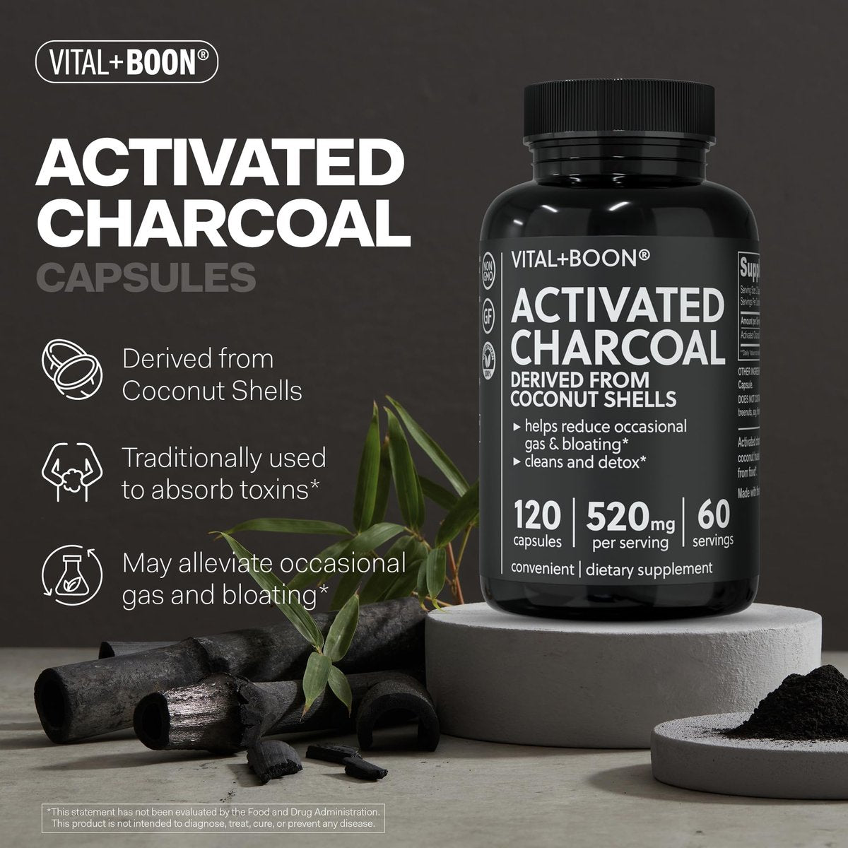 Vital+Boon Aktivkohle Kapseln – aus Kokosnussschalen – schwarze Kohle für Magen, Blähungen & Völlegefühl – glutenfrei, vegetarisch, zur Unterstützung der Entgiftung (120 Kapseln)