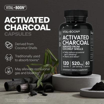 Vital+Boon Aktivkohle Kapseln – aus Kokosnussschalen – schwarze Kohle für Magen, Blähungen & Völlegefühl – glutenfrei, vegetarisch, zur Unterstützung der Entgiftung (120 Kapseln)