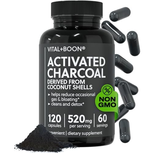Vital+Boon Aktivkohle Kapseln – aus Kokosnussschalen – schwarze Kohle für Magen, Blähungen & Völlegefühl – glutenfrei, vegetarisch, zur Unterstützung der Entgiftung (120 Kapseln)