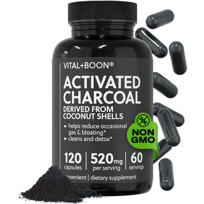 Vital+Boon Aktivkohle Kapseln – aus Kokosnussschalen – schwarze Kohle für Magen, Blähungen & Völlegefühl – glutenfrei, vegetarisch, zur Unterstützung der Entgiftung (120 Kapseln)