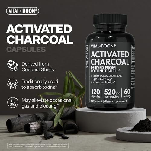 Vital+Boon Aktivkohle Kapseln – aus Kokosnussschalen – schwarze Kohle für Magen, Blähungen & Völlegefühl – glutenfrei, vegetarisch, zur Unterstützung der Entgiftung (120 Kapseln)