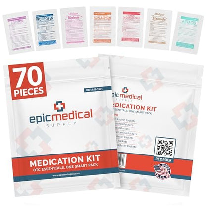 Epic Medical Supply Erste-Hilfe-Set Medikamentennachfüllung – 70 Einzeldosis-Päckchen – Notfall-Medikamentenkit für Erste-Hilfe-Kasten, Reise, Büro, Wohnheim, Camping – Hergestellt in den USA (70 Teile)