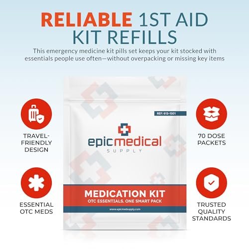 Epic Medical Supply Erste-Hilfe-Set Medikamentennachfüllung – 70 Einzeldosis-Päckchen – Notfall-Medikamentenkit für Erste-Hilfe-Kasten, Reise, Büro, Wohnheim, Camping – Hergestellt in den USA (70 Teile)