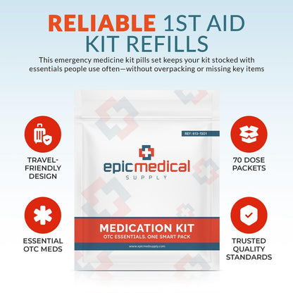 Epic Medical Supply Erste-Hilfe-Set Medikamentennachfüllung – 70 Einzeldosis-Päckchen – Notfall-Medikamentenkit für Erste-Hilfe-Kasten, Reise, Büro, Wohnheim, Camping – Hergestellt in den USA (70 Teile)