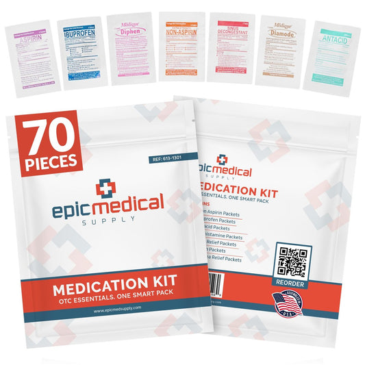 Epic Medical Supply Erste-Hilfe-Set Medikamentennachfüllung – 70 Einzeldosis-Päckchen – Notfall-Medikamentenkit für Erste-Hilfe-Kasten, Reise, Büro, Wohnheim, Camping – Hergestellt in den USA (70 Teile)