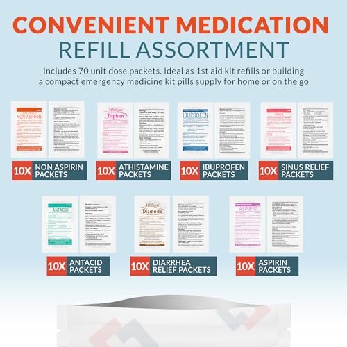 Epic Medical Supply Erste-Hilfe-Set Medikamentennachfüllung – 70 Einzeldosis-Päckchen – Notfall-Medikamentenkit für Erste-Hilfe-Kasten, Reise, Büro, Wohnheim, Camping – Hergestellt in den USA (70 Teile)