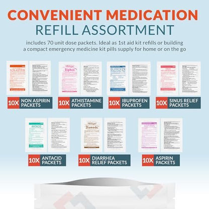 Epic Medical Supply Erste-Hilfe-Set Medikamentennachfüllung – 70 Einzeldosis-Päckchen – Notfall-Medikamentenkit für Erste-Hilfe-Kasten, Reise, Büro, Wohnheim, Camping – Hergestellt in den USA (70 Teile)