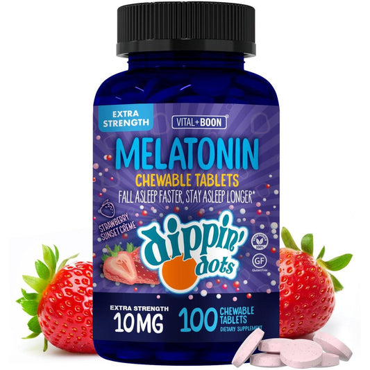 Dippin' Dots Kautabletten Melatonin 10mg – Melatonin 10 mg Tabletten für Erwachsene – Zuckerfrei – Erdbeer-Sonnenuntergang-Creme-Geschmack – Schlafunterstützung – Koscher, Glutenfrei, Vegetarisch (100 Stück)