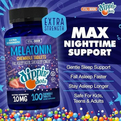 Dippin' Dots Kautabletten Melatonin 10mg – Melatonin 10 mg Tabletten für Erwachsene – Zuckerfrei – Erdbeer-Sonnenuntergang-Creme-Geschmack – Schlafunterstützung – Koscher, Glutenfrei, Vegetarisch (100 Stück)