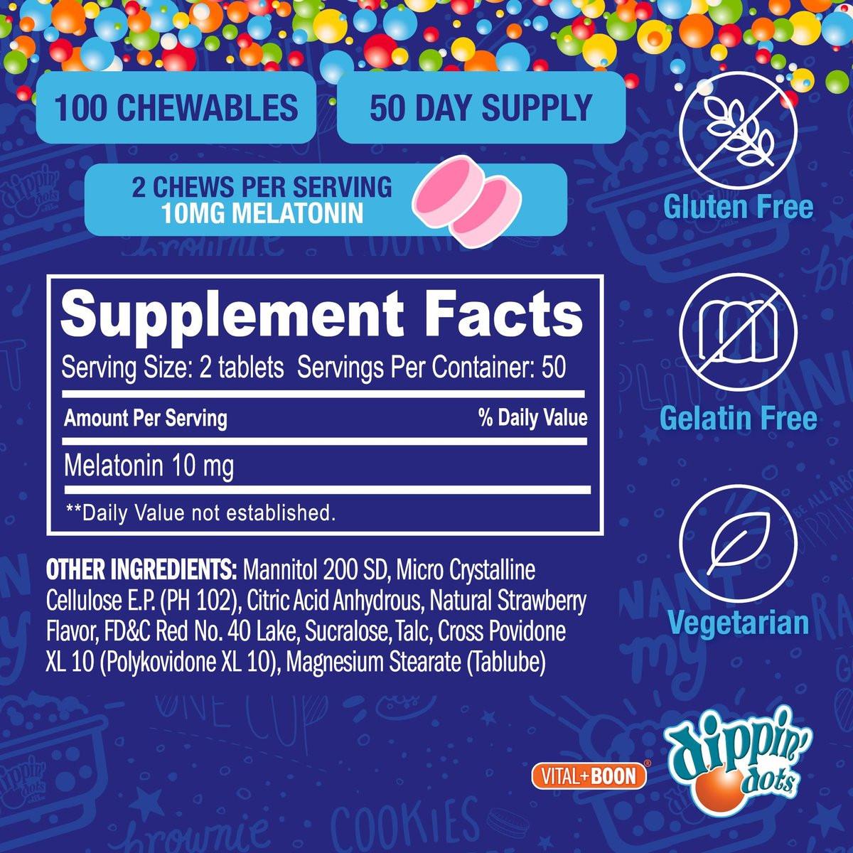 Dippin' Dots Kautabletten Melatonin 10mg – Melatonin 10 mg Tabletten für Erwachsene – Zuckerfrei – Erdbeer-Sonnenuntergang-Creme-Geschmack – Schlafunterstützung – Koscher, Glutenfrei, Vegetarisch (100 Stück)