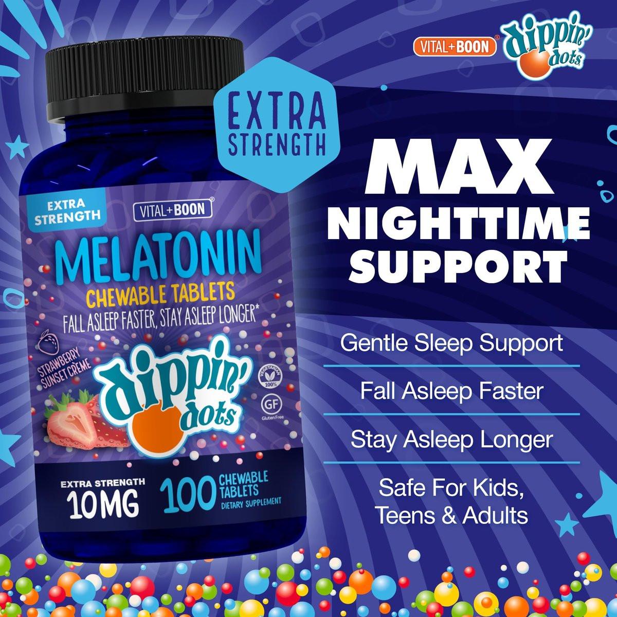 Dippin' Dots Kautabletten Melatonin 10mg – Melatonin 10 mg Tabletten für Erwachsene – Zuckerfrei – Erdbeer-Sonnenuntergang-Creme-Geschmack – Schlafunterstützung – Koscher, Glutenfrei, Vegetarisch (100 Stück)
