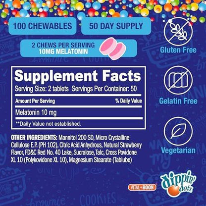 Dippin' Dots Kautabletten Melatonin 10mg – Melatonin 10 mg Tabletten für Erwachsene – Zuckerfrei – Erdbeer-Sonnenuntergang-Creme-Geschmack – Schlafunterstützung – Koscher, Glutenfrei, Vegetarisch (100 Stück)