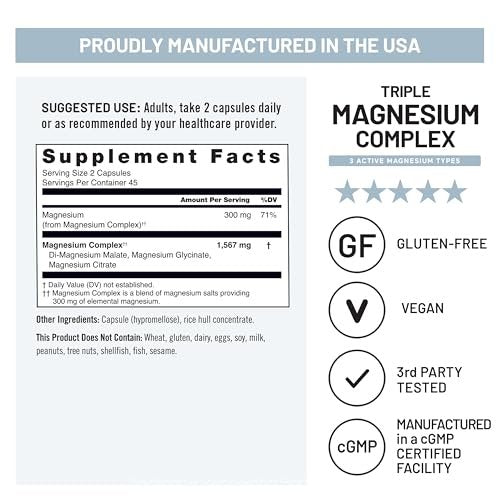 NatureWise Triple Magnesium Komplex – Chelatiert – Hochabsorbierendes Magnesiumglycinat + Malat + Citrat für Muskel-, Nerven- und Schlafunterstützung – Vegan 90 Kapseln