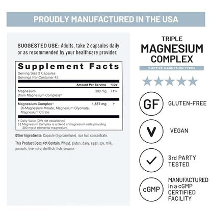 NatureWise Triple Magnesium Komplex – Chelatiert – Hochabsorbierendes Magnesiumglycinat + Malat + Citrat für Muskel-, Nerven- und Schlafunterstützung – Vegan 90 Kapseln
