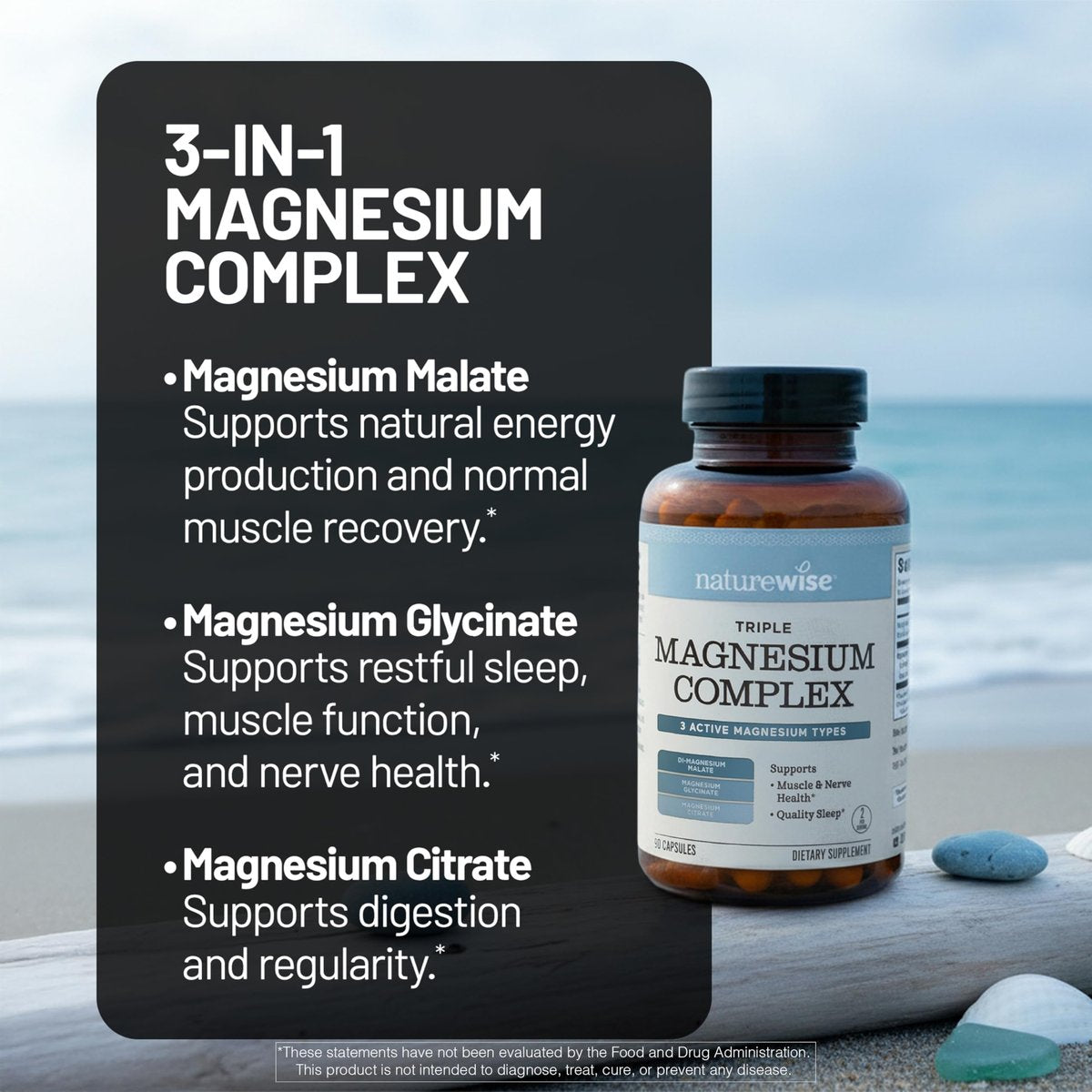 NatureWise Triple Magnesium Komplex – Chelatiert – Hochabsorbierendes Magnesiumglycinat + Malat + Citrat für Muskel-, Nerven- und Schlafunterstützung – Vegan 90 Kapseln