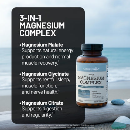 NatureWise Triple Magnesium Komplex – Chelatiert – Hochabsorbierendes Magnesiumglycinat + Malat + Citrat für Muskel-, Nerven- und Schlafunterstützung – Vegan 90 Kapseln