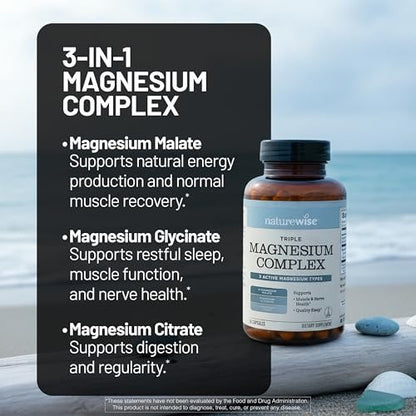 NatureWise Triple Magnesium Komplex – Chelatiert – Hochabsorbierendes Magnesiumglycinat + Malat + Citrat für Muskel-, Nerven- und Schlafunterstützung – Vegan 90 Kapseln