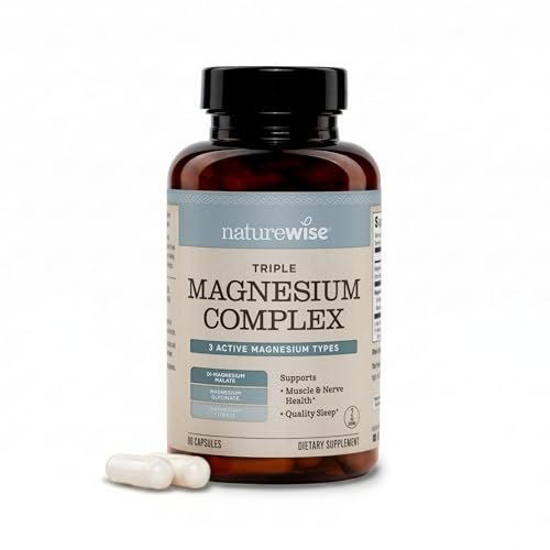 NatureWise Triple Magnesium Komplex – Chelatiert – Hochabsorbierendes Magnesiumglycinat + Malat + Citrat für Muskel-, Nerven- und Schlafunterstützung – Vegan 90 Kapseln
