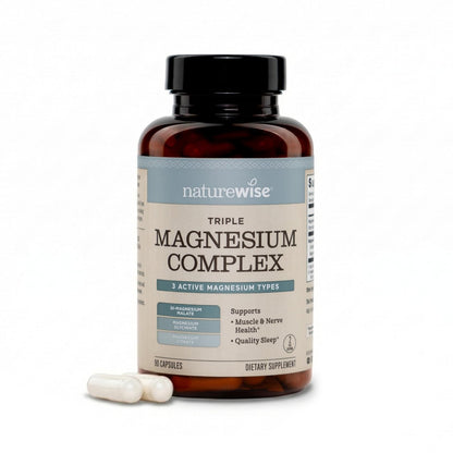 NatureWise Triple Magnesium Komplex – Chelatiert – Hochabsorbierendes Magnesiumglycinat + Malat + Citrat für Muskel-, Nerven- und Schlafunterstützung – Vegan 90 Kapseln