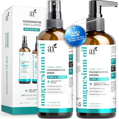 Artnaturals Magnesium Öl Spray 12oz + Körperlotion 8oz Set mit Aloe Vera – Reines topisches Magnesiumchlorid für Muskelentspannung, Schlafunterstützung, Wadenkrämpfe & Erholung – Schnell einziehend