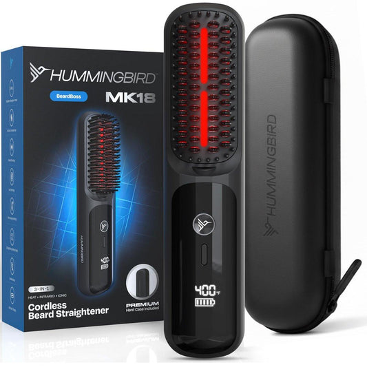HUMMINGBIRD MK18 BeardBoss Kabelloser Bartglätter für Männer – Heizbürste & Heißkamm, 5 Temperatureinstellungen, Antiverbrühung, tragbarer Haarstyler, PTC-Keramikheizung, Infrarot & Ionen, Reiseetui