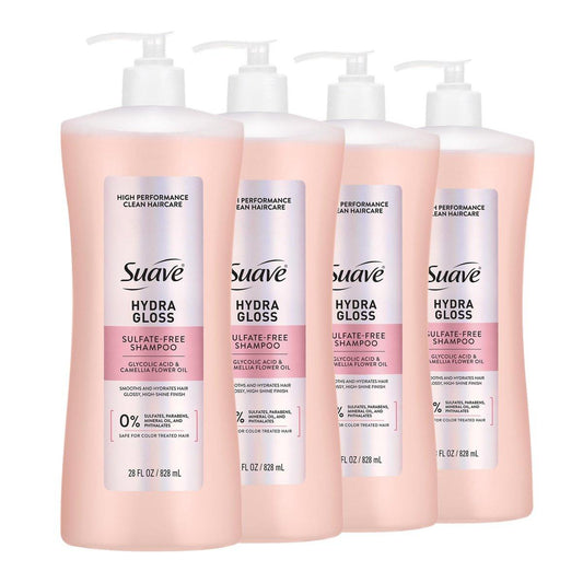 Suave Hydra Gloss Sulfatfreies Shampoo mit Glykolsäure und Kamelienblütenöl für hydratisiertes, glattes, glänzendes Haar, 4er-Pack, 28 FL OZ