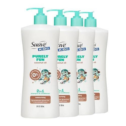 Suave Kids Purely Fun 2-in-1 Shampoo und Conditioner mit Kokosöl – Tränenfrei, hypoallergen, sanfte Haarpflege für Kinder mit empfindlicher Kopfhaut, 4er-Pack, 28 FL OZ