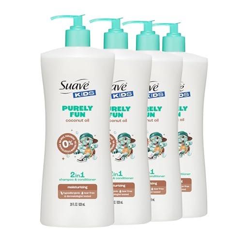 Suave Kids Purely Fun 2-in-1 Shampoo und Conditioner mit Kokosöl – Tränenfrei, hypoallergen, sanfte Haarpflege für Kinder mit empfindlicher Kopfhaut, 4er-Pack, 28 FL OZ
