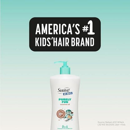 Suave Kids Purely Fun 2-in-1 Shampoo und Conditioner mit Kokosöl – Tränenfrei, hypoallergen, sanfte Haarpflege für Kinder mit empfindlicher Kopfhaut, 4er-Pack, 28 FL OZ