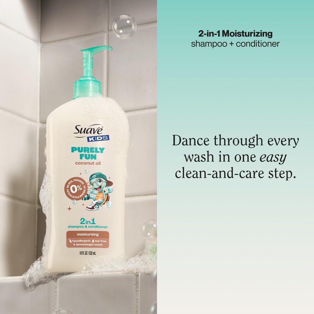 Suave Kids Purely Fun 2-in-1 Shampoo und Conditioner mit Kokosöl – Tränenfrei, hypoallergen, sanfte Haarpflege für Kinder mit empfindlicher Kopfhaut, 4er-Pack, 28 FL OZ