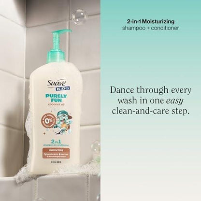 Suave Kids Purely Fun 2-in-1 Shampoo und Conditioner mit Kokosöl – Tränenfrei, hypoallergen, sanfte Haarpflege für Kinder mit empfindlicher Kopfhaut, 4er-Pack, 28 FL OZ