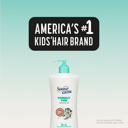Suave Kids Purely Fun 2-in-1 Shampoo und Conditioner mit Kokosöl – Tränenfrei, hypoallergen, sanfte Haarpflege für Kinder mit empfindlicher Kopfhaut, 4er-Pack, 28 FL OZ