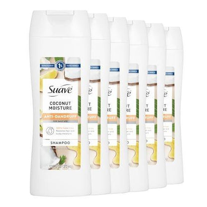 Suave Anti-Schuppen Shampoo für Frauen, Kokosnuss-Feuchtigkeit, 1% Pyrithion-Zink Schuppenbehandlung, kontrolliert Flocken, Juckreiz & trockene Kopfhaut, 6er-Pack, 12,6 FL OZ