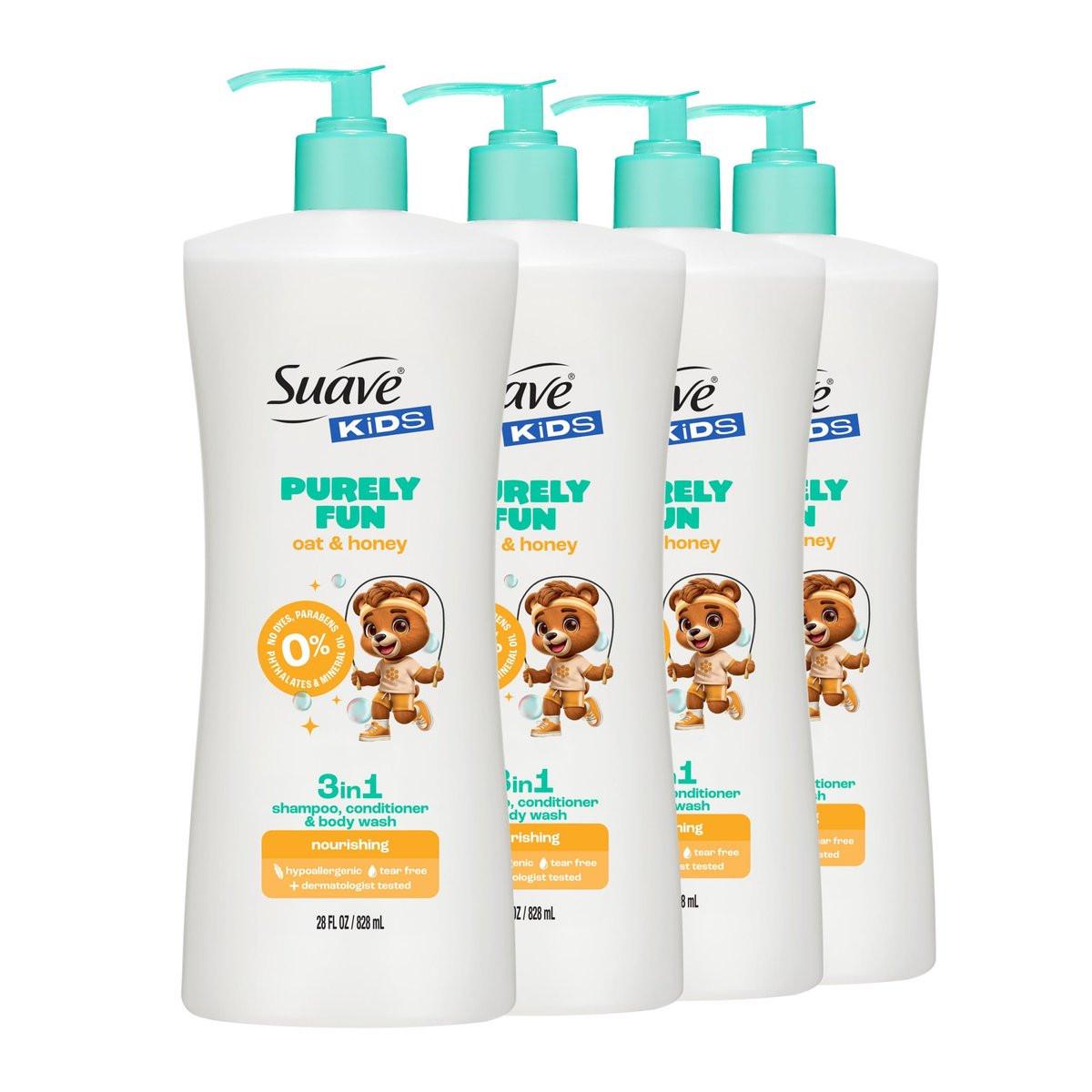 Suave Kids Purely Fun 3-in-1 Shampoo, Conditioner & Duschgel mit Hafer & Honig – Tränenfrei, hypoallergen, sanfte Haarpflege für empfindliche Kopfhaut, 4er-Pack, 28 FL OZ (insgesamt 112 FL OZ)