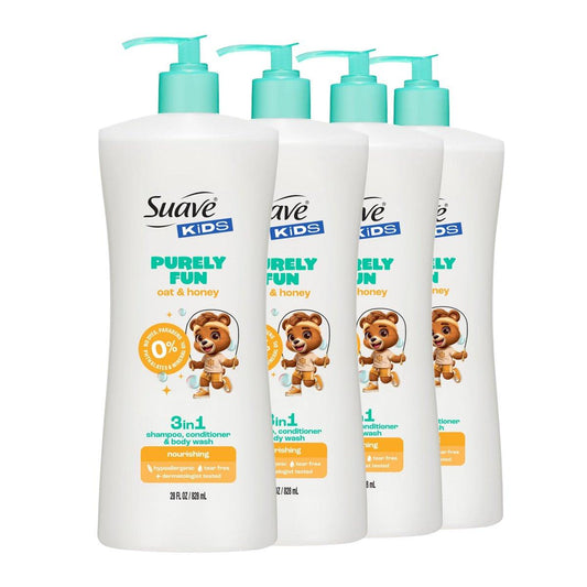Suave Kids Purely Fun 3-in-1 Shampoo, Conditioner & Duschgel mit Hafer & Honig – Tränenfrei, hypoallergen, sanfte Haarpflege für empfindliche Kopfhaut, 4er-Pack, 28 FL OZ (insgesamt 112 FL OZ)