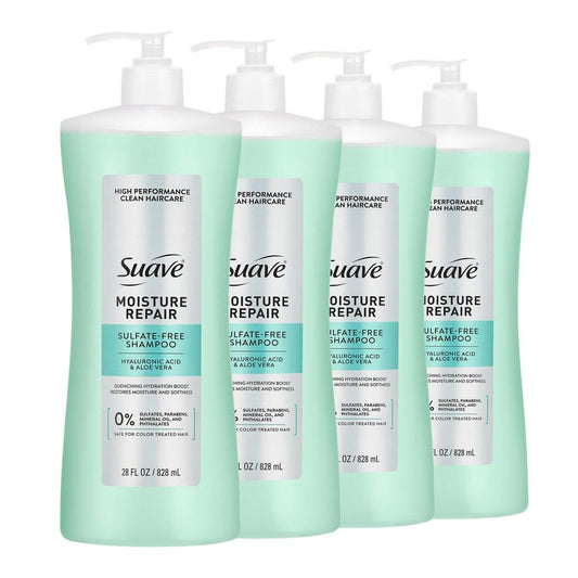 Suave Moisture Repair Sulfatfreies Shampoo mit Hyaluronsäure & Aloe Vera – Feuchtigkeitsspendend für trockenes, geschädigtes Haar, 4er-Pack, 28 FL OZ