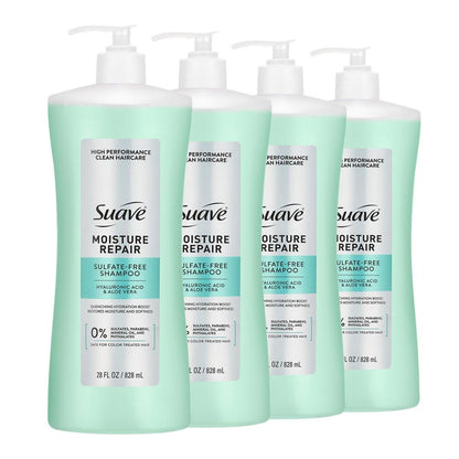 Suave Moisture Repair Sulfatfreies Shampoo mit Hyaluronsäure & Aloe Vera – Feuchtigkeitsspendend für trockenes, geschädigtes Haar, 4er-Pack, 28 FL OZ