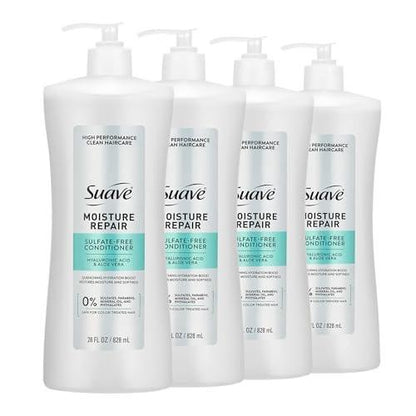 Suave Moisture Repair Sulfatfreier Conditioner mit Hyaluronsäure & Aloe Vera – Feuchtigkeitsspendend für trockenes, geschädigtes Haar, 4er-Pack, 28 Fl Oz