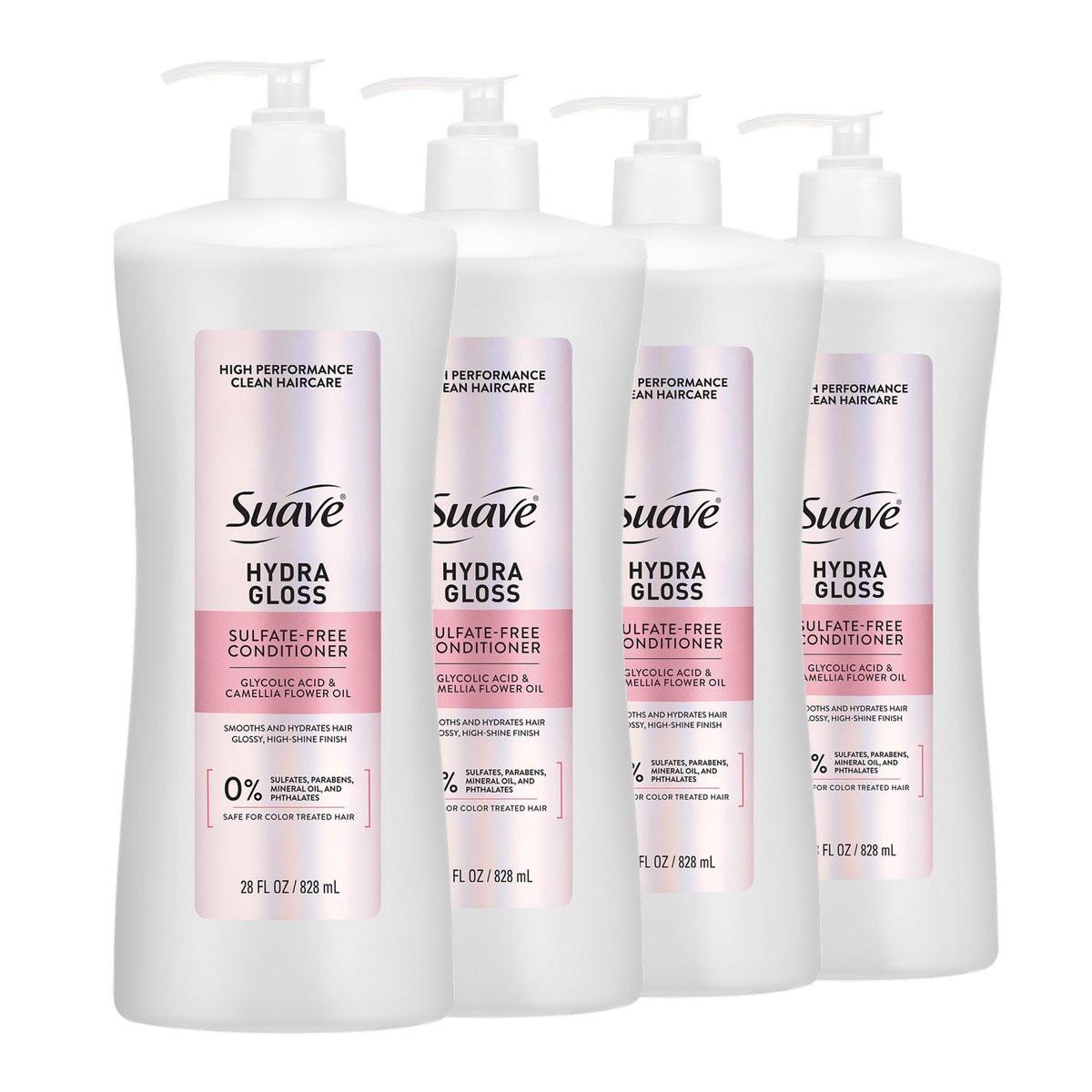 Suave Hydra Gloss Sulfatfreier Conditioner mit Glykolsäure & Kamelienblütenöl für hydratisiertes, glattes, glänzendes Haar, 4er-Pack, 828 ml
