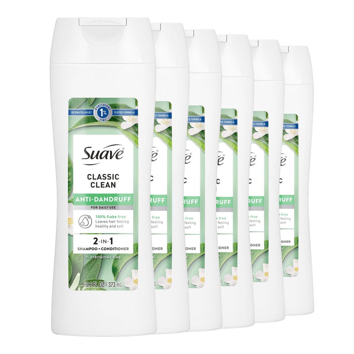 Suave Anti-Schuppen 2-in-1 Shampoo & Spülung für Frauen, Classic Clean, 1% Pyrithion-Zink Anti-Schuppen-Behandlung, kontrolliert Flocken, Juckreiz & trockene Kopfhaut, 6er-Pack, 12,6 fl oz
