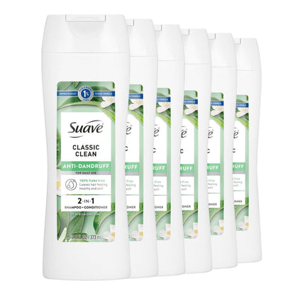 Suave Anti-Schuppen 2-in-1 Shampoo & Spülung für Frauen, Classic Clean, 1% Pyrithion-Zink Anti-Schuppen-Behandlung, kontrolliert Flocken, Juckreiz & trockene Kopfhaut, 6er-Pack, 12,6 fl oz