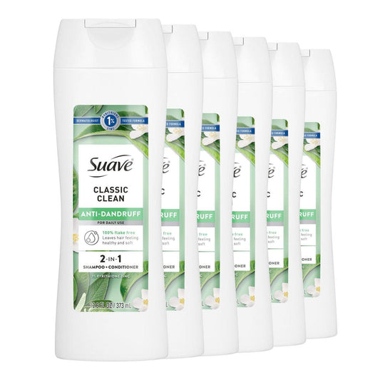 Suave Anti-Schuppen 2-in-1 Shampoo & Spülung für Frauen, Classic Clean, 1% Pyrithion-Zink Anti-Schuppen-Behandlung, kontrolliert Flocken, Juckreiz & trockene Kopfhaut, 6er-Pack, 12,6 fl oz