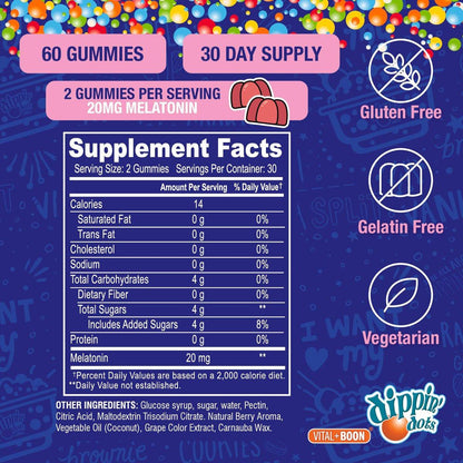 Dippin' Dots Extra Stark Melatonin 20 mg Gummis für Erwachsene – Melatonin Gummis mit 20 mg pro Portion – Veganes Nachtruhe-Supplement – Hergestellt mit natürlichen Farben & Aromen (60 Stück)